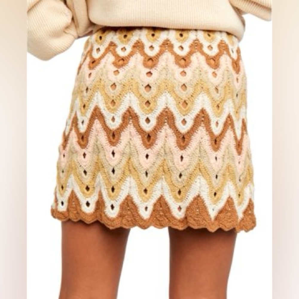 Free People Heat of the Moment Orange, Cream and Tan Crochet Mini Skirt, Size XS